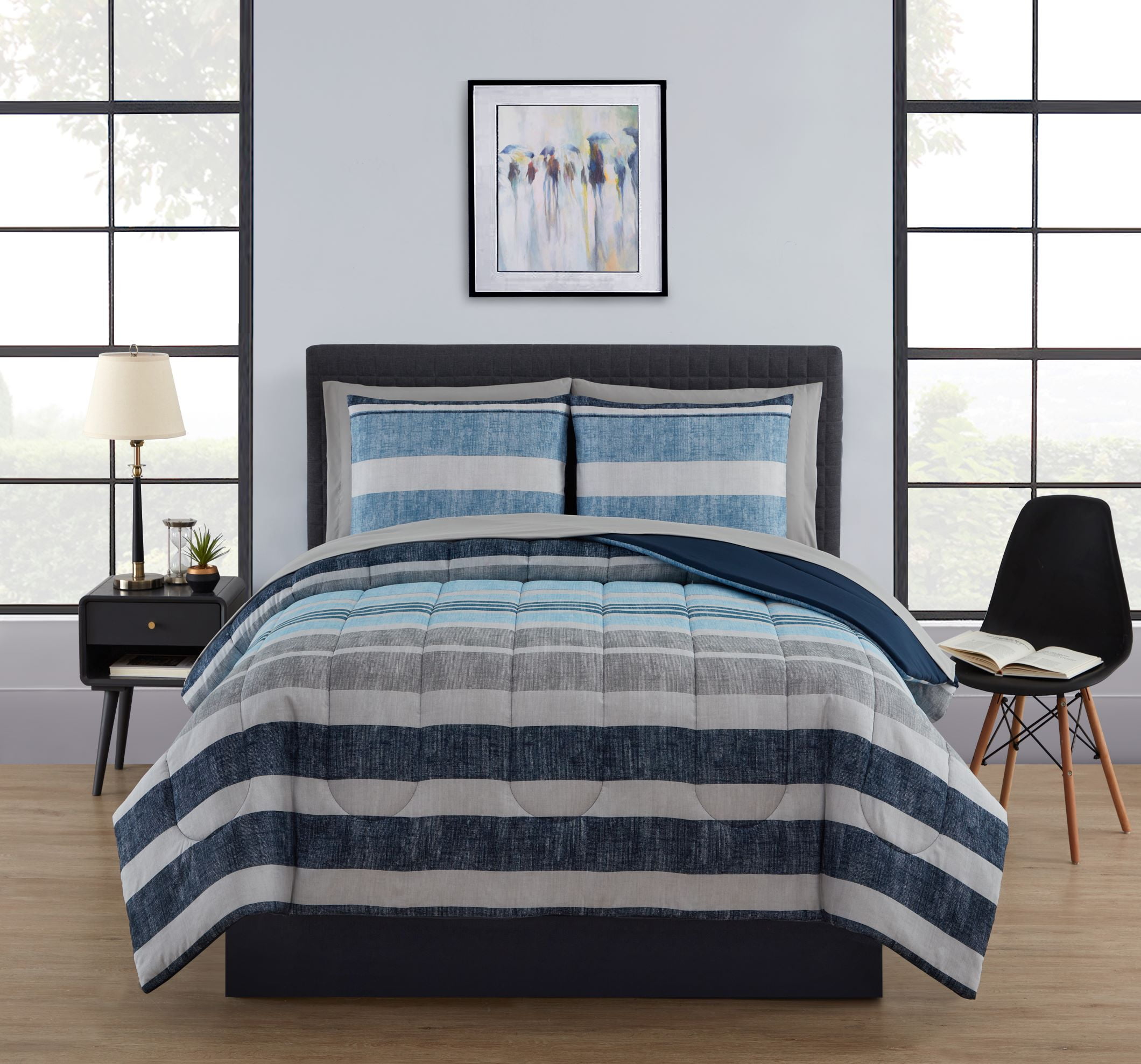 Mainstays Blue Stripe 7 Piece Bed in a Bag Comforter Set with Sheets, Queen