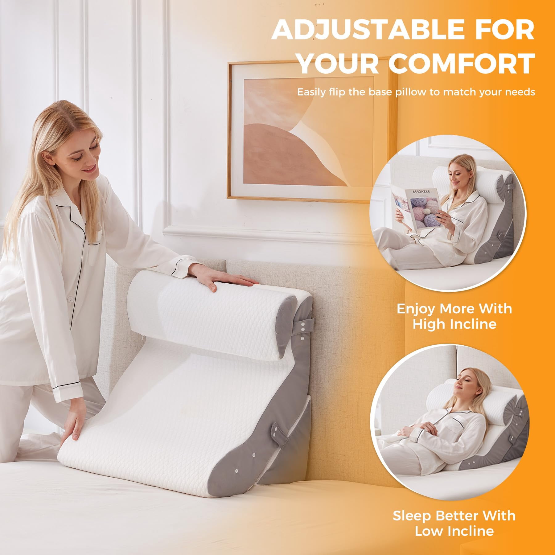 3pcs Wedge Pillow Set For After  Adjustable Bed Sitting Up Acid Reflux Headboard Sleeping & White