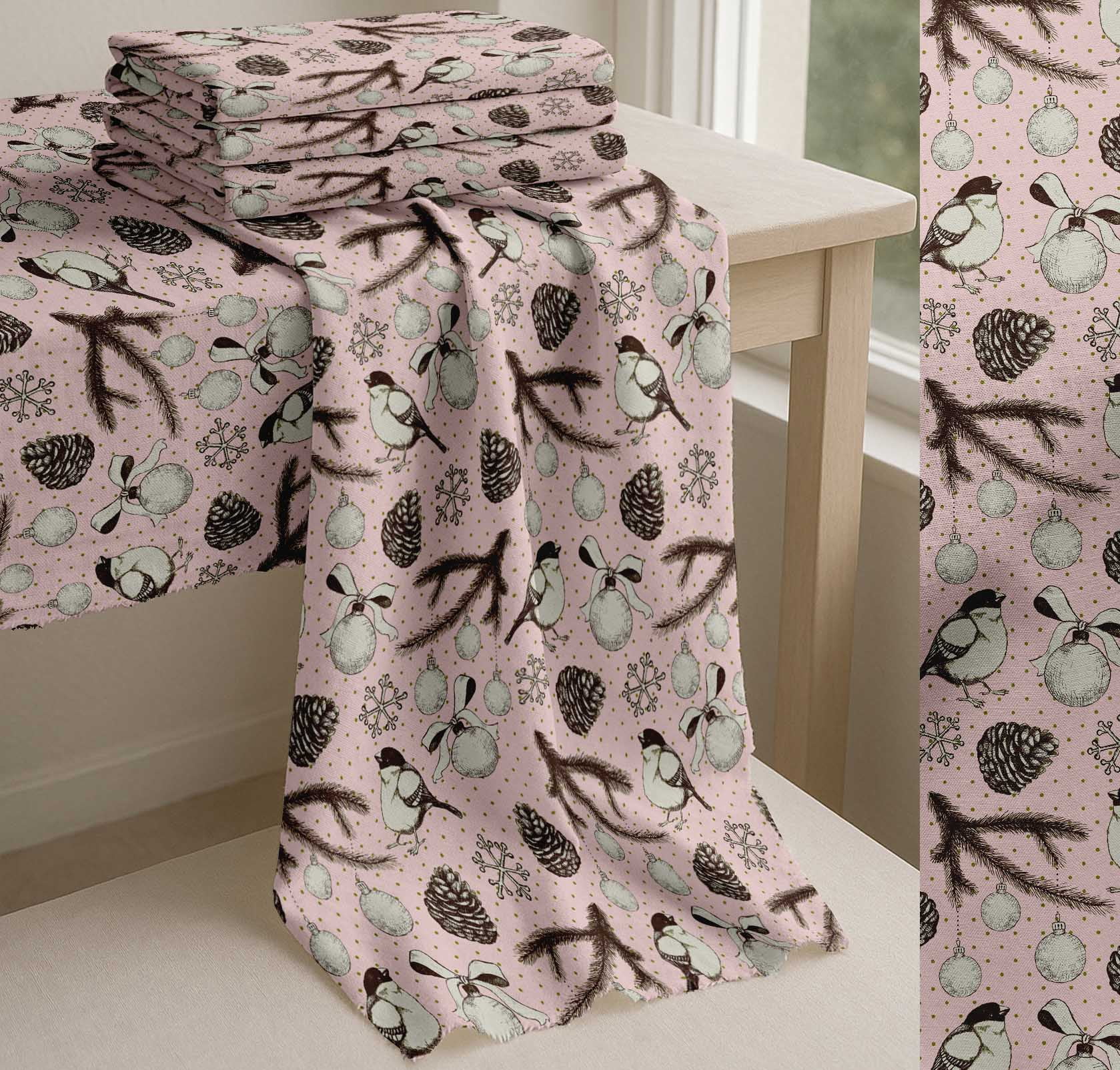 Soimoi Pink Cotton Cambric Fabric American Robin & Baubles Christmas Print Fabric by The Yard 56 Inch Wide
