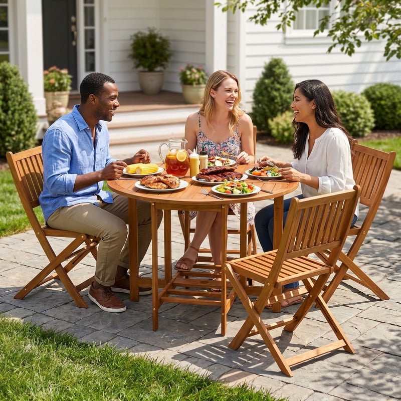 Vineego 5 Pieces Folding Patio Dining Set, Acacia Wood Round Table with 4 Chairs, Outdoor Furniture with Umbrella Hole for Deck, Garden