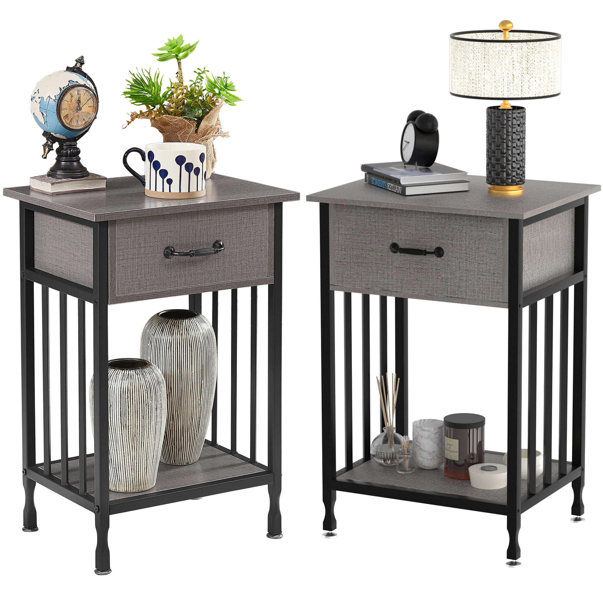 VECELO Set of 2 Nightstand with Drawer and Storage Shelf, Modern End