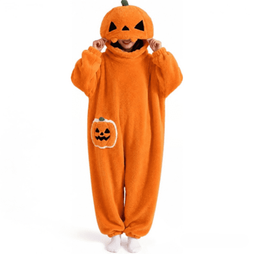 Kintue Pumpkin Onesie Pajamas for Adults, Halloween Hooded Costume Jumpsuit, Plush Coral Fleece One Piece Loungewear, Family Halloween Pajamas