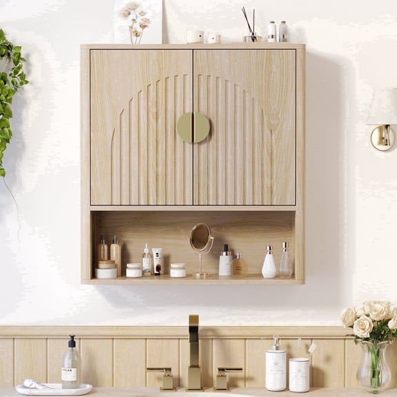 Aufeile Bathroom Wall Storage Cabinet, Fluted Medicine Cabinet with Arched Door and Adjustable Shelf for Laundry Living Room, Kitchen, Natural Oak