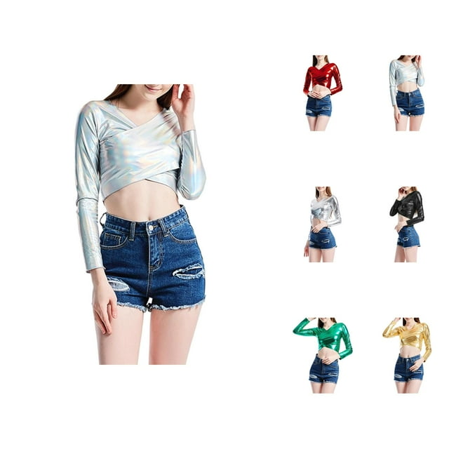Hauts Métalliques pour Femmes 2026 Tendance Manches Longues Col en V T-Shirt Court Ajusté Y2K Sortie Tenues Rave