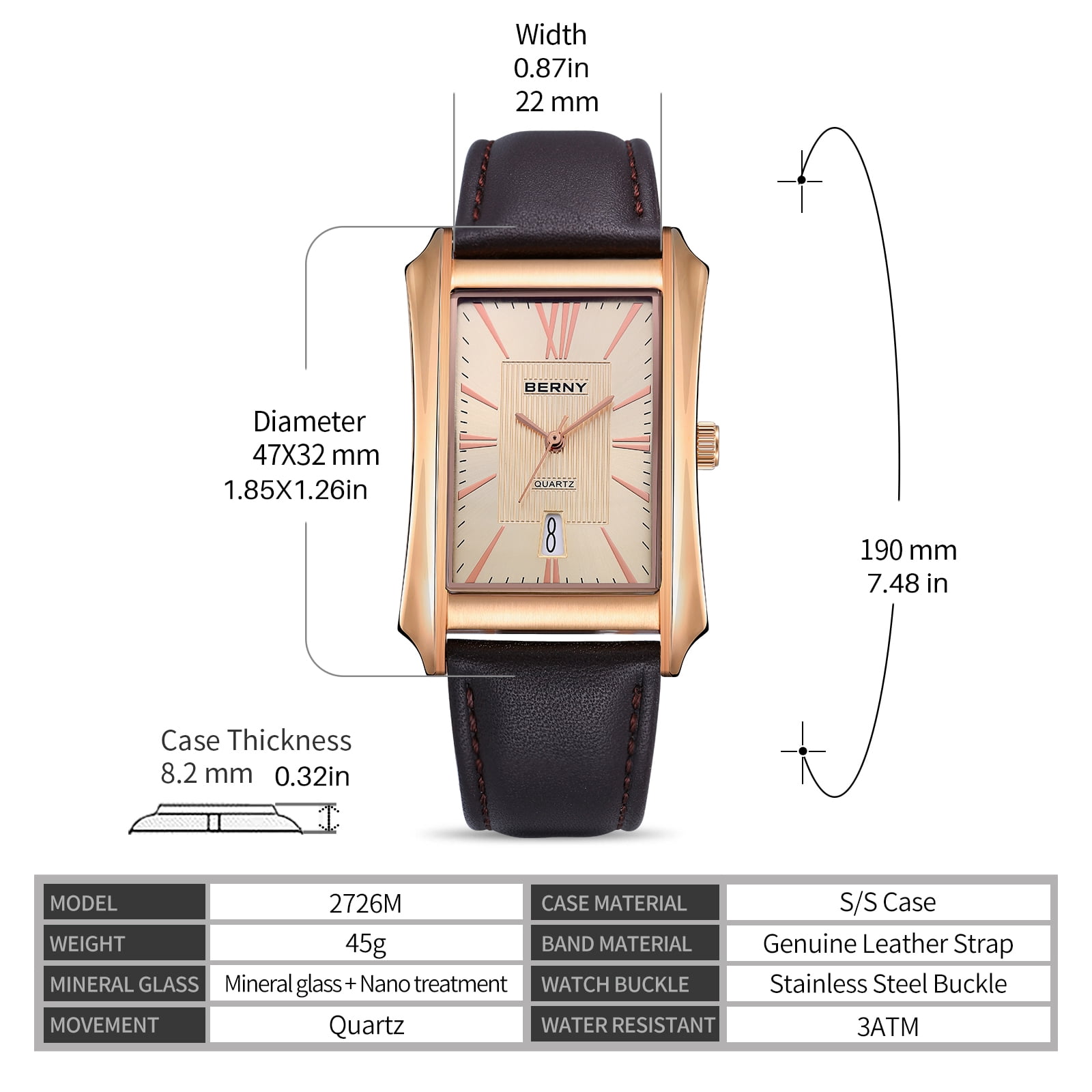 BERNY Men's Leather Watch, Vintage Stainless Steel Rectangular Case Roman Dial Dress Analog Watch with Date Calendar, Waterproof, Classic Business Quartz Wrist Watches for Men (Rose Gold)