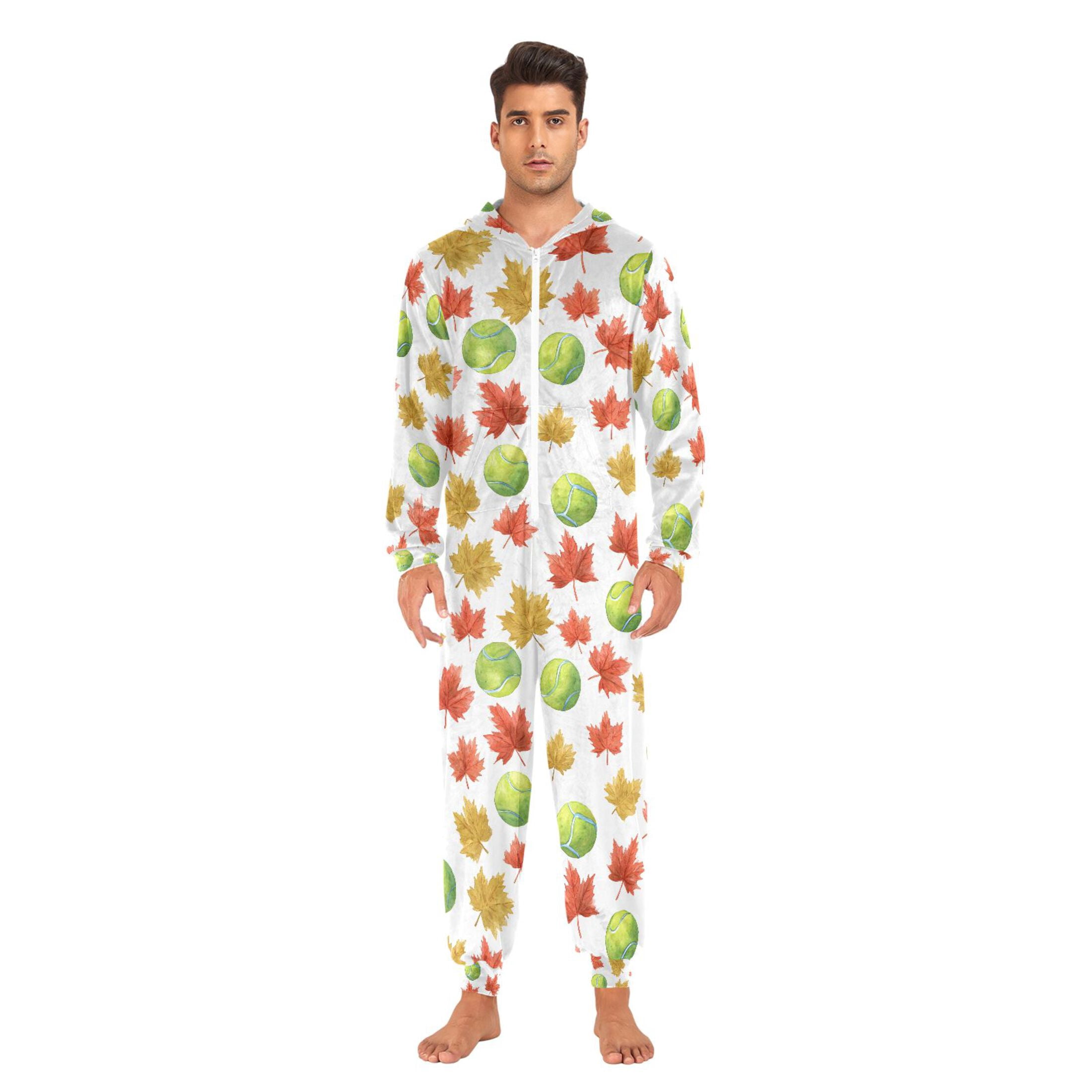 Adult Christmas Onesie Tennis Maple Leaf Adult Zipper One-Piece Pajamas Unisex Pajamas with Pockets