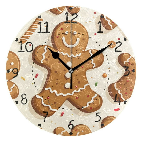 Gingerbread Man Cartoon Christmas Round Wall Clock Silent Analog Battery Operated Black Pointer Home Decor 9.84" Diameter