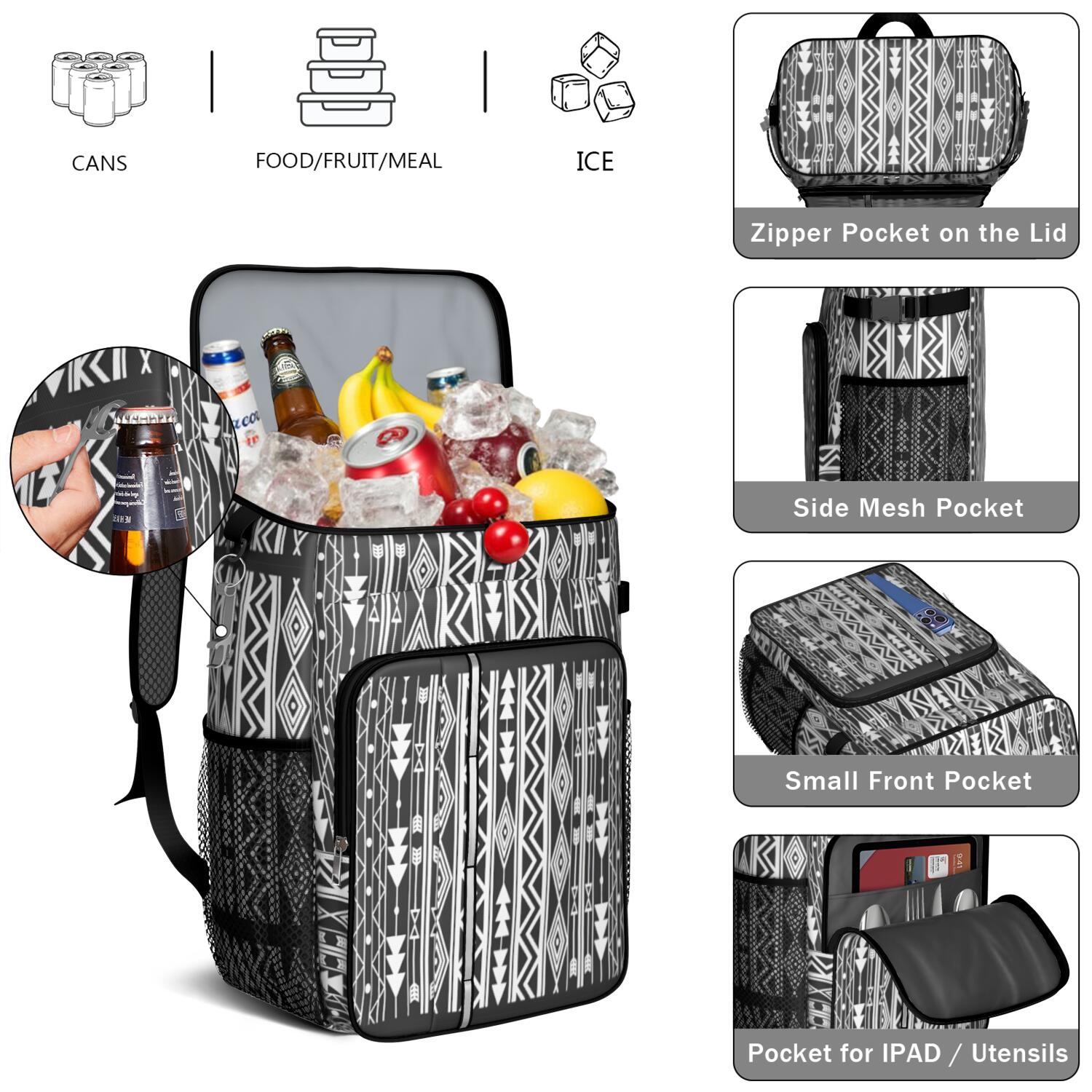 Travel Cooler Bag - Boho Bohemia Pioneer Flower Geometric Line Art Camping Beer Cooler Backpack with Bottle Opener- Waterproof Insulated Picnic Backpacks - Cooler Bag for Beach