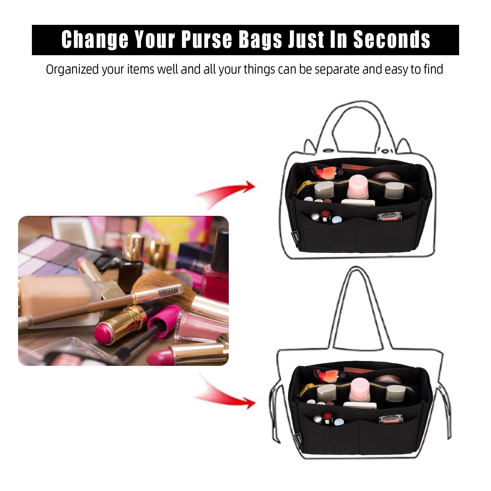 [Graceful MM PM] Felt Tote Bag Organizer, Purse Insert (3mm Felt,  Detachable Pouch w/ Metal Zip)