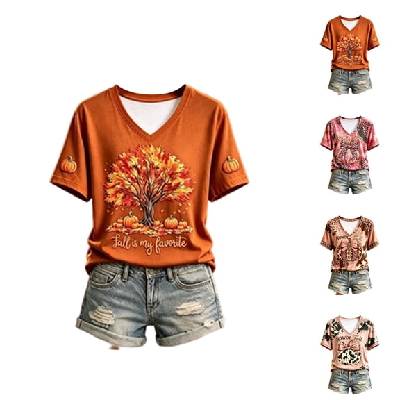 Halloween Tshirts Women Short Sleeve V Neck Casual Howdy Fall Pumpkin Graphic T Shirt Halloween Tops