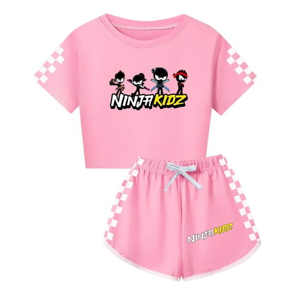 Girls Crop Top and Shorts Set for Kids – Ninja Kidz Outfit with Checker Print Sleeves – Trendy Summer Wear