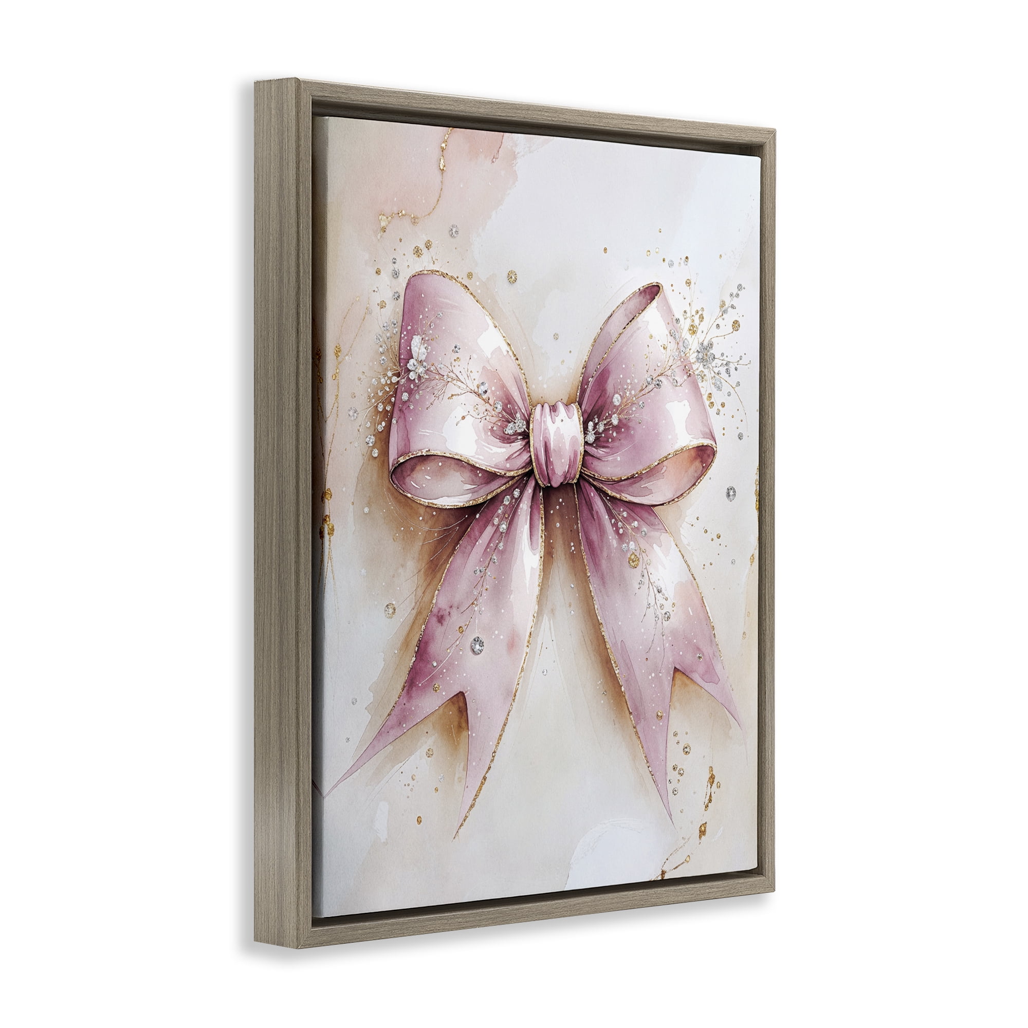 Stupell Industries Glamorous Blush Pink Bow Brown Framed Floater Canvas Wall Art, design by Nataly White
