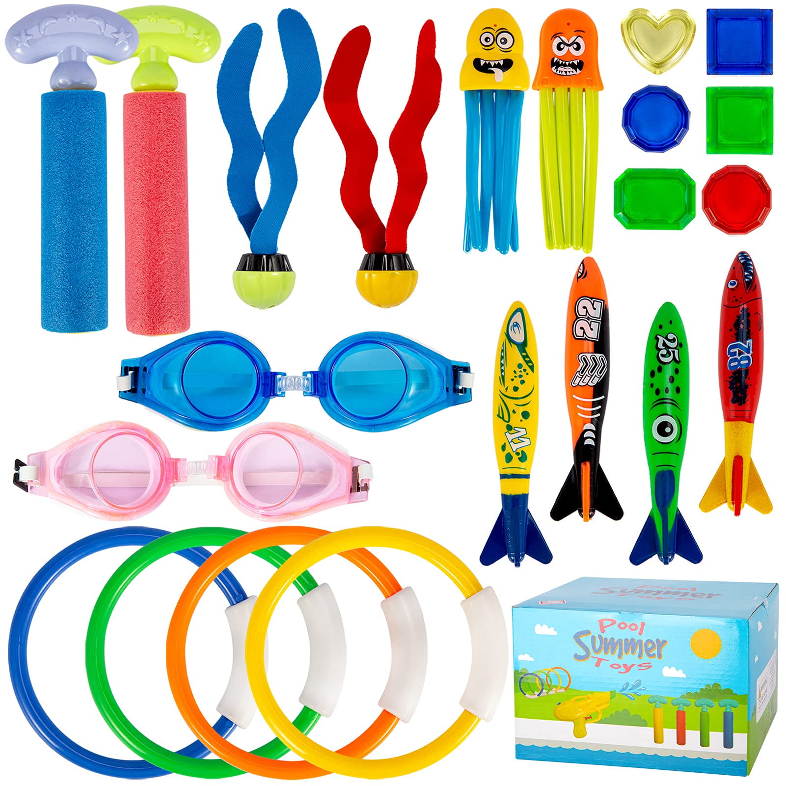 WhizMax 22 PCS Pool Toys Set Diving Glasses, Rings, Torpedoes, Water