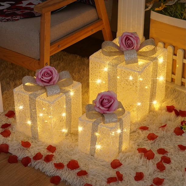 Juego de 3 cajas de luz para San Valentín | Decoración de caja de regalo iluminada con control remoto | Decoraciones LED rosa, rojo y azul para fiestas en casa