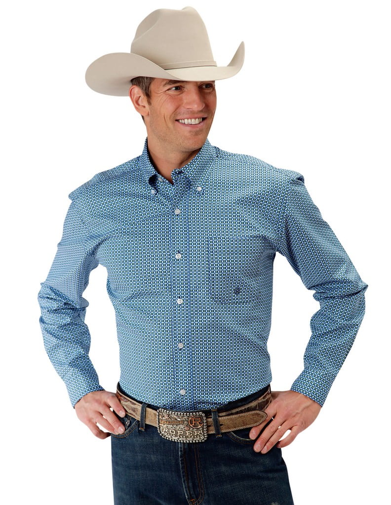 Roper Western Shirt Mens L/S Print Button Blue 0300103260462 BU