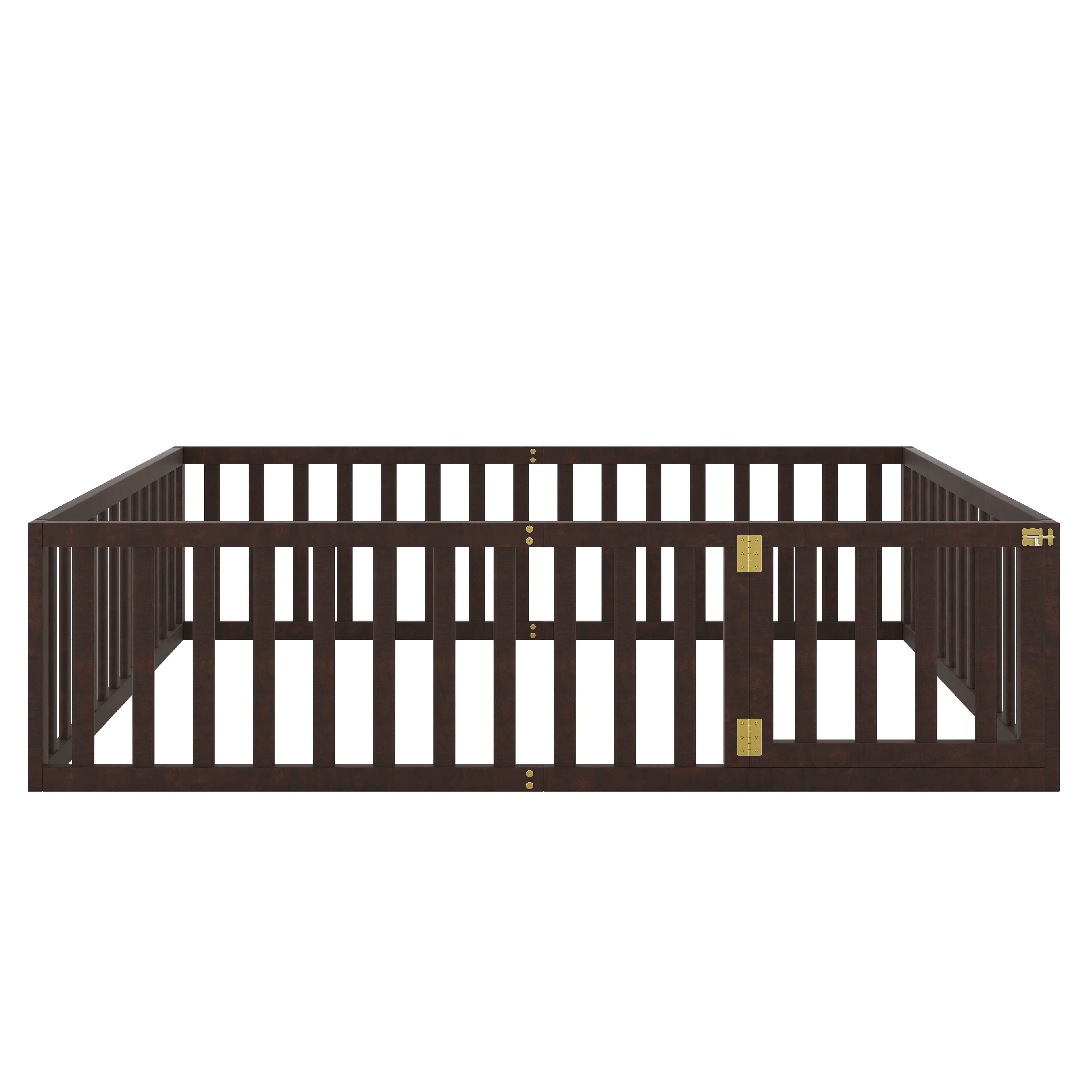 Kumix Queen Floor Bed with Fence and Door, Wood Floor Bed Frame for 1-3 Aged, Noise-Free Low Floor Bed for Bedroom, Dorm, No Weight Capacity Limit, Easy Assembly, Walnut
