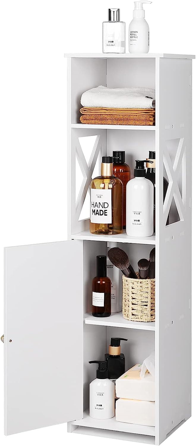 White Bathroom Floor with Doors and Shelves Free Standing Tall Slim Side