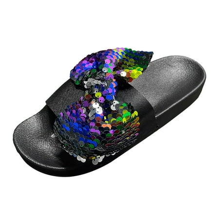 OJSFQUFP Sandals Womens Women Shoes Flat Beach Slippers Fashion Shiny Flat Slippers Flashing Diamond Bow Knot Sandals Cozy Slippers Black 38
