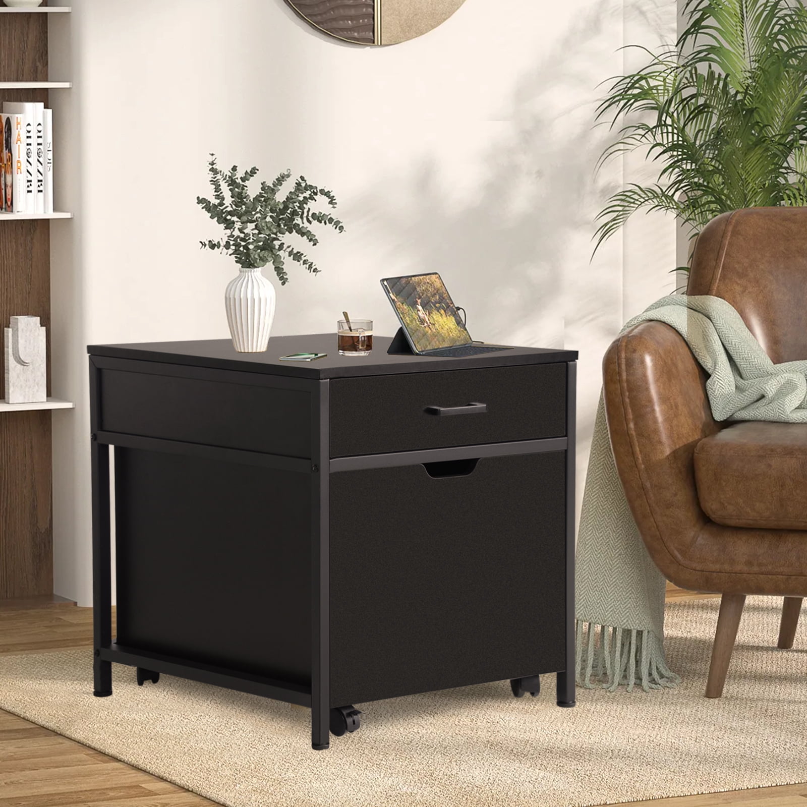 Fridge Stand with Storage and Drawer, Mini Fridge Table with Wheel, Mini Fridge Cabinet 220LBS Capacity for Office,Bedroom, Dormitory, Black
