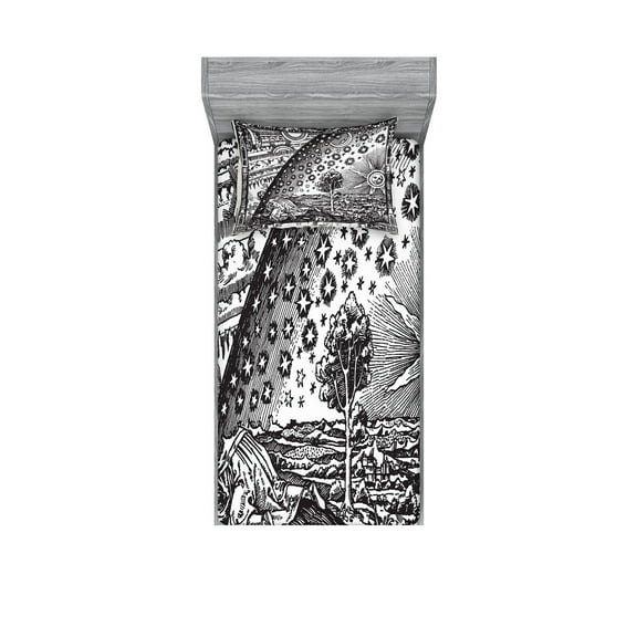 Ambesonne Vintage Fitted Sheet & Pillow Sham Set, Moon Sun Planets Image, Twin, Charcoal Grey