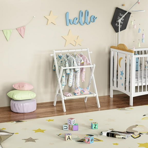 Baby Clothing Rack for Baby Shower Pets Dolls, Baby Clothes Rack with Storage Shelf & Double Rods, Toddler Clothes Rack, Mini Closet Baby Shower Rack (White)