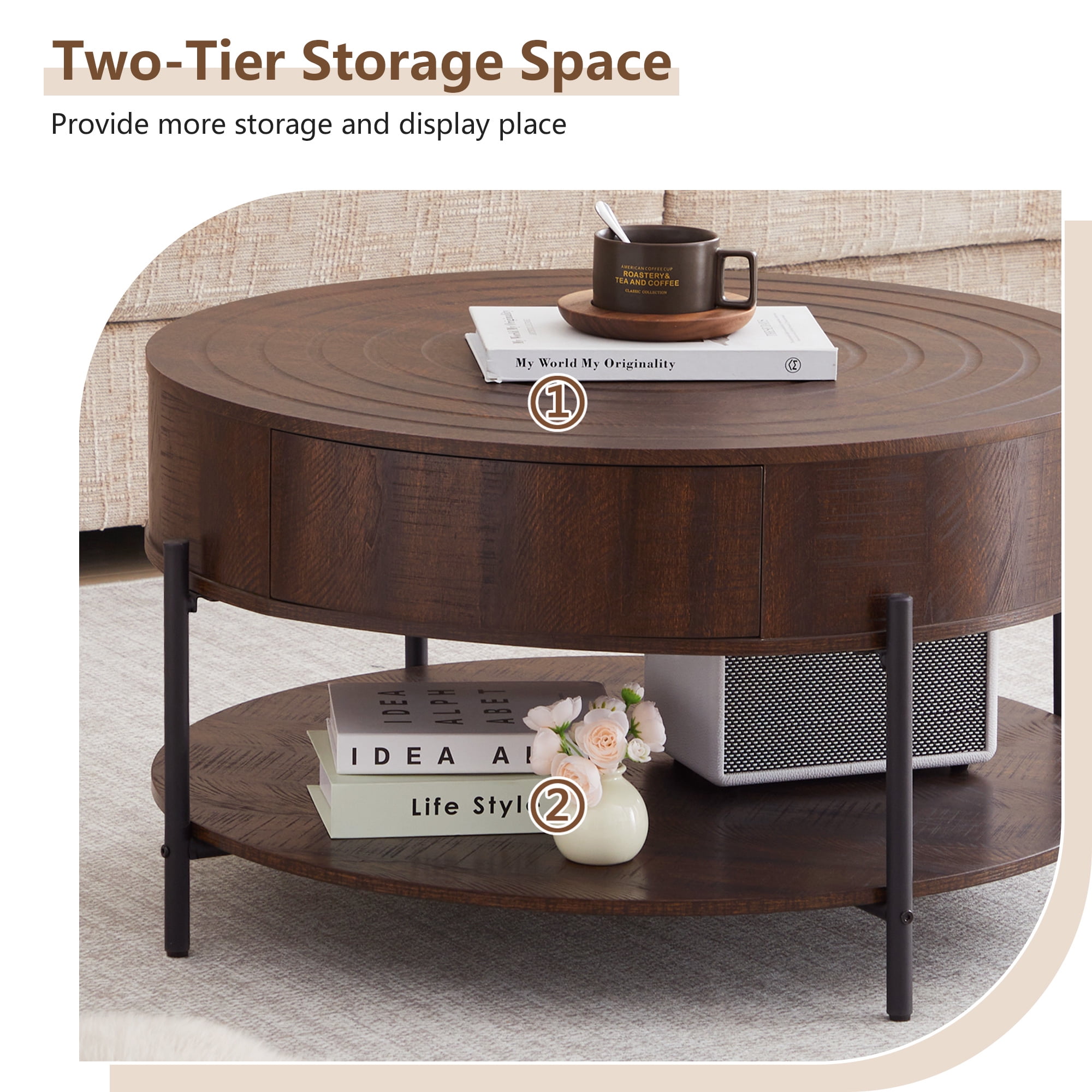 Wirrytor 30" Round Coffee Table with 2 Drawers and Storage Shelf, Modern Farmhouse Tea Table with Natural Tree Rings Top, Dark Brown