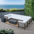 thumbnail image 2 of GDF Studio Cascada Outdoor Acacia Wood 8 Seater Sectional Sofa Set with Fire Pit, Gray, White, and Dark Gray, 2 of 13