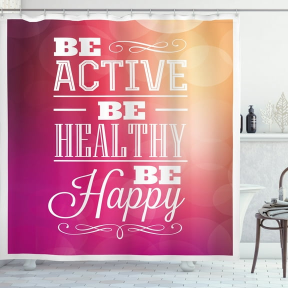 Ambesonne Fitness Shower Curtain, Be Active Be Happy Pattern, 69"Wx75"L, Fuchsia White and Peach