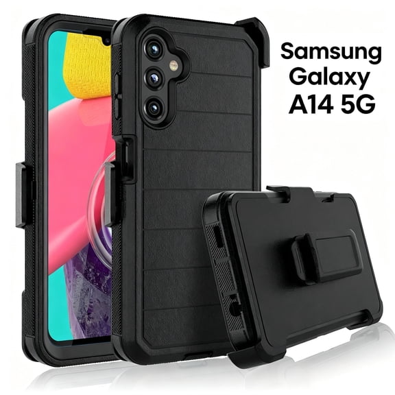Samsung Galaxy A14 5G Case with Belt-Clip Holster , Heavy Duty Protective Drop Protection Shockproof Cover with screen protector - Black Orange