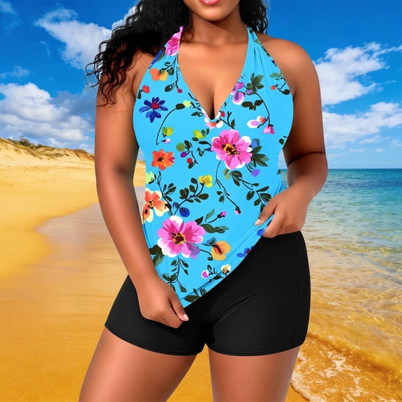 Odbmxy Tankini Bathing Suits for Women Halter Summer Swimsuits for Women Plus 2 Piece Beach Modest Workout Blue Floral Swimwear
