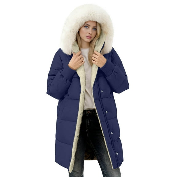Uaswgudfs Women's Casual Winter Long Puffer Coat, Hooded Fleece-Lined Parka with Removable Faux Fur Collar & Pockets, Warm Outerwear for Women Navy 2XL