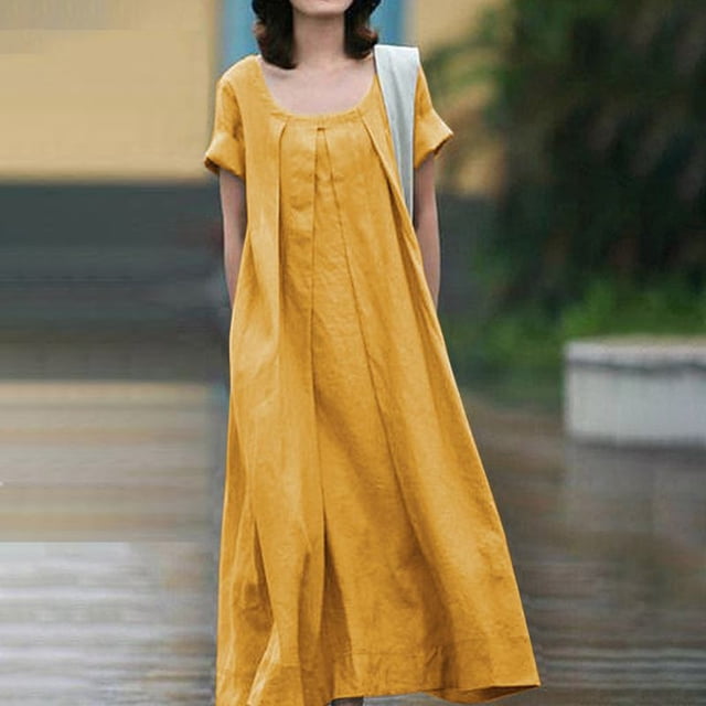 Gspmoly Robes d'Été, Robe Décontractée pour Dames à Couleur Unie, Col Rond, Plissée, Grande à Manches Courtes, Robes de Travail pour Femmes en Liquidation