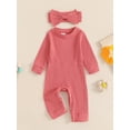 thumbnail image 2 of Suealasg Baby Girls Full Length Jumpsuit 3 6 9 12 18 Months Infant Long Sleeve Ribbed Rompers Headband Spring Fall Bodysuit Clothes for Newborn Girls, 2 of 7
