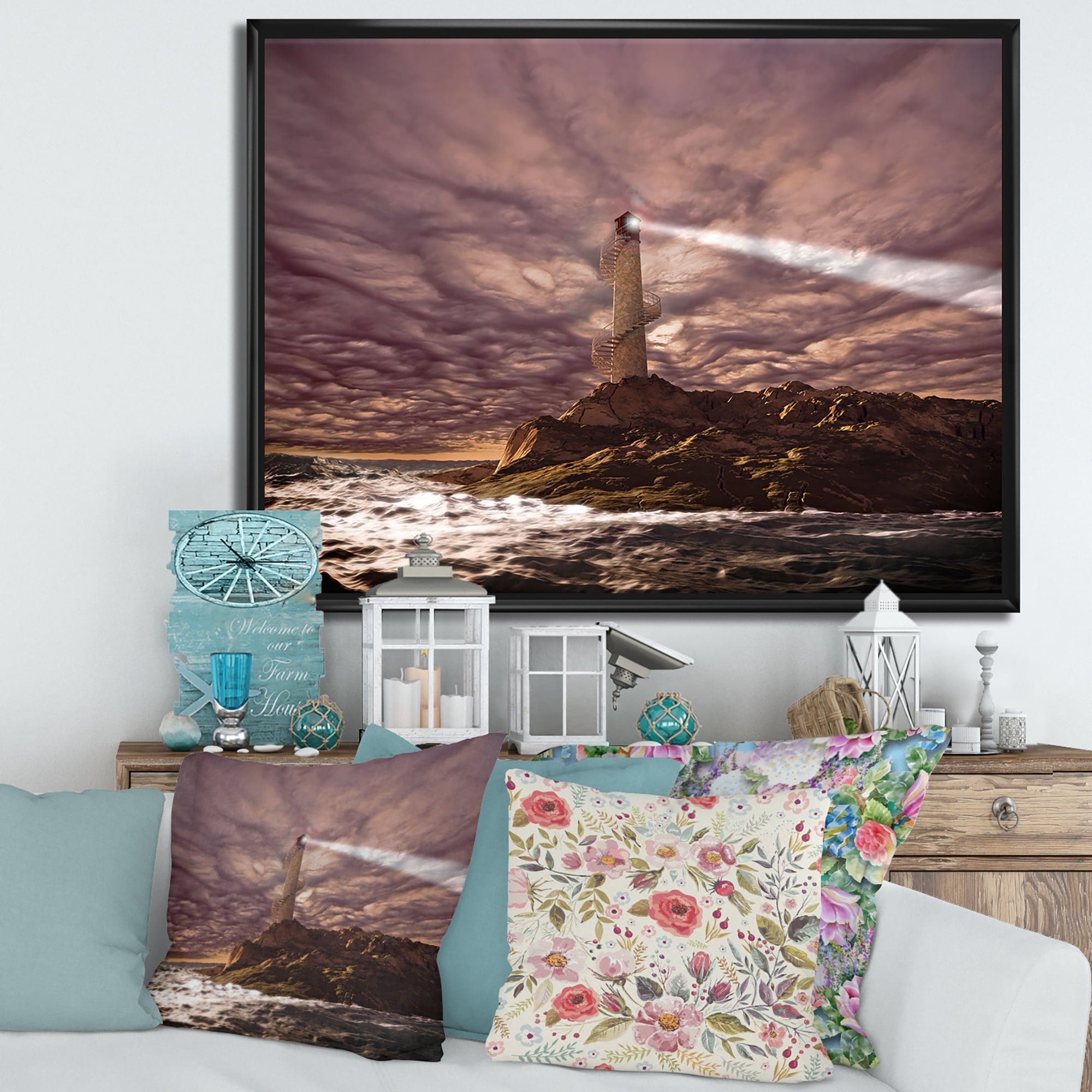 Designart 'Lighthouse Shining Light During Stormy Clouds Night I' Nautical & Coastal Framed Canvas Wall Art Print