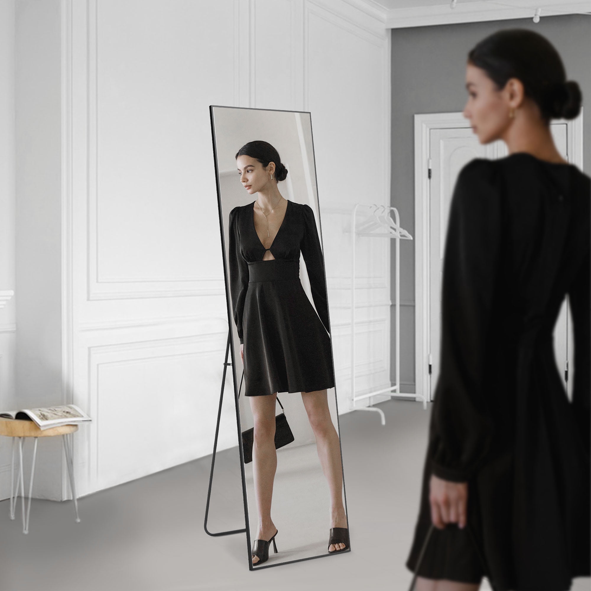 Gianna 59"x16" Full Length Rectangular Mirror Wall or Leaning Aluminum Alloy Frame with Stand Black