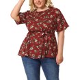 thumbnail image 1 of Women's Plus Size Tops Ruffle Short Sleeve Summer Chiffon Floral Blouse Burgundy 2X, 1 of 7
