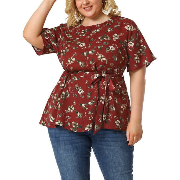 Women's Plus Size Tops Ruffle Short Sleeve Summer Chiffon Floral Blouse Burgundy 2X