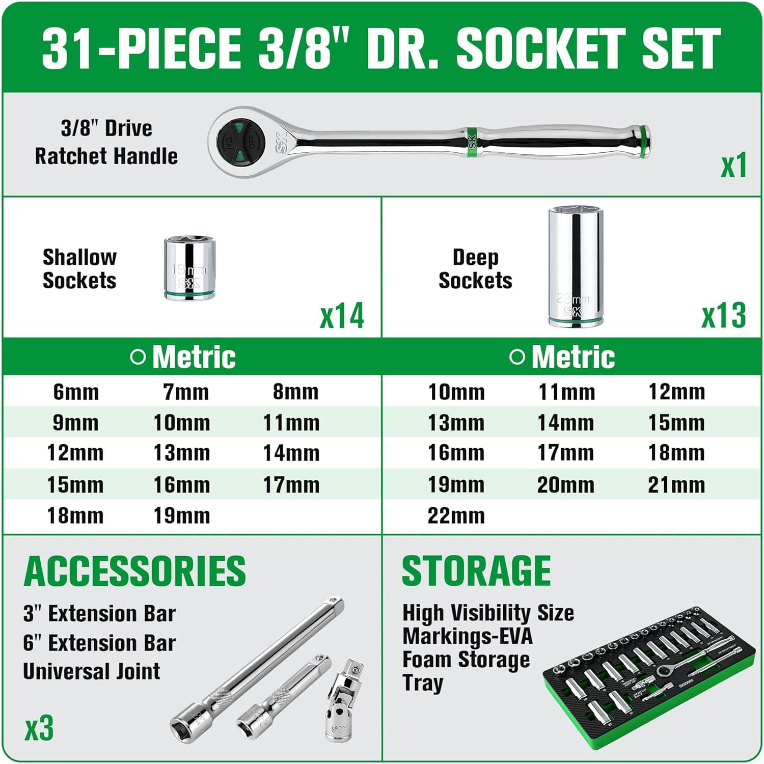 SK 3/8" Drive Socket Set with 160-P Ratchet, 31-Piece, Metric, SuperKrome Finish, Preminum CR-V Construction, with EVA Foam Tool Organizer