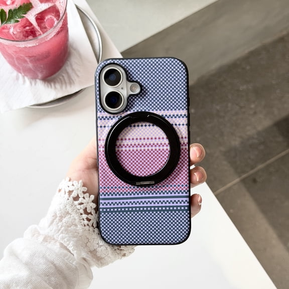 TECH CIRCLE For iPhone 16 Pro Back Cover Case with Grip Ring Kickstand, Compatible with Wireless Charging, Cute Plaid Pattern, Anti-Scratch Shockproof Cover, Purple
