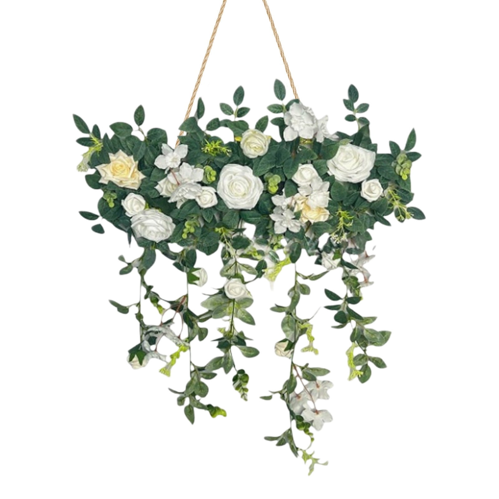 Artificial Hanging Floral Swag, Fake Rose Wall Hanging, UV Resistant Faux Floral Bouquet with Lush Foliage, Hanging Wall Decor for Spring Garden Wedding Home Office Kitchen Table Vase, White