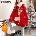 thumbnail image 2 of Suéter navideño de manga larga con hombros caídos para mujer de WTEMPO, jersey de punto con forro polar y cuello vuelto con copos de nieve y ciervo, 2 of 5