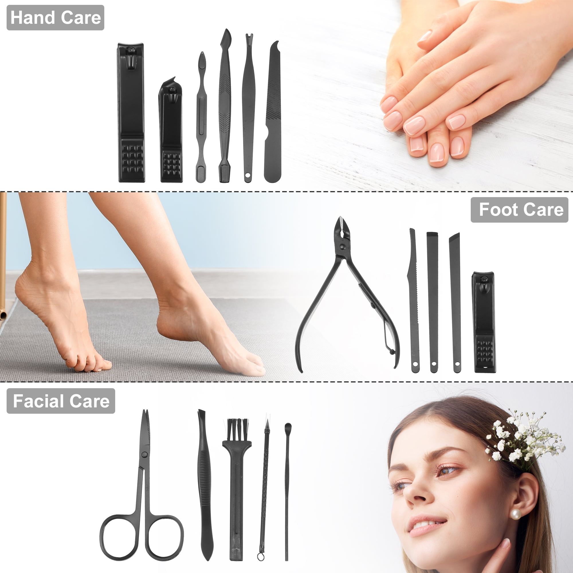 Unique Bargains 16 pcs Manicure Set with Pink PU Case Personal Care Stainless Steel Black