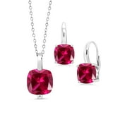 Gem Stone King 925 Sterling Silver Red Created Ruby Pendant and Earrings Jewelry Set For Women (10.00 Cttw, with 18 inch Chain)