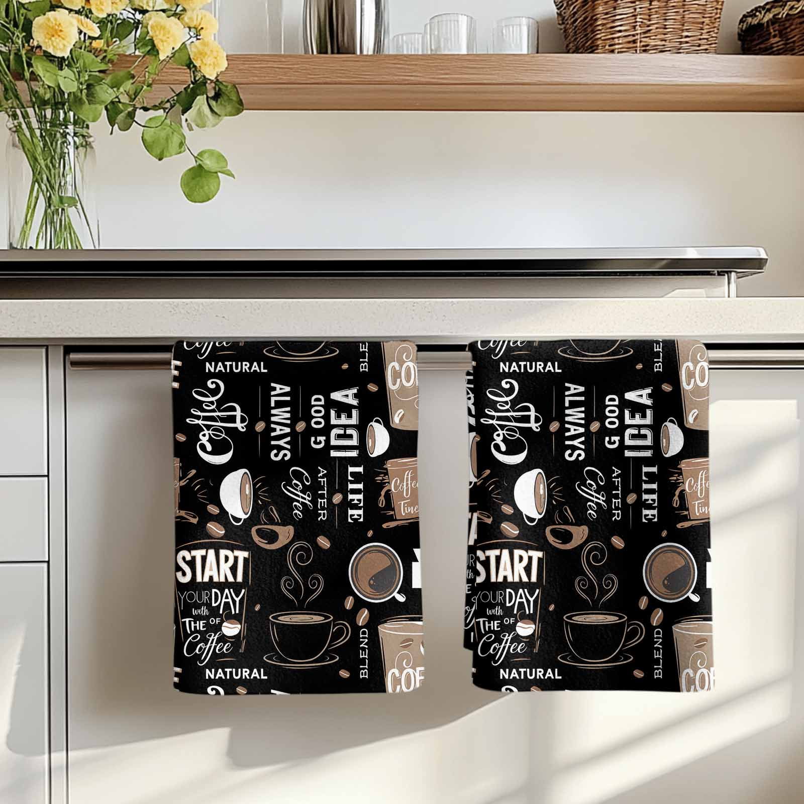 Coffee Black Kitchen Towels Set of 2, Brown Beans Cup Dessert Drink Monochrome Absorbent Dish Towels for Kitchen, Microfiber Hand Towel, Quick Drying Tea Towel for Cleaning Decorative Dishcloths