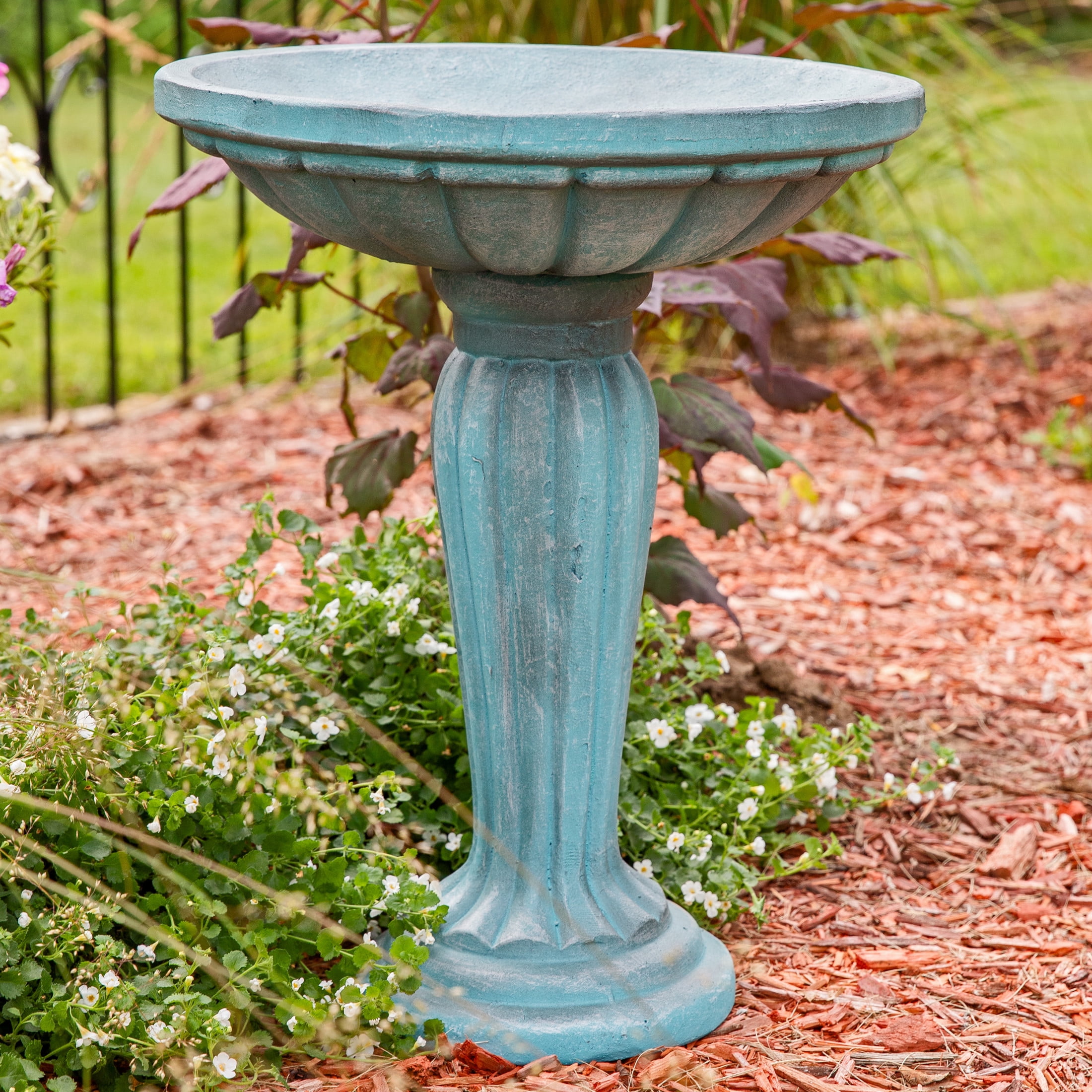 Sunnydaze Grecian Column Freestanding Glass Fiber Reinforced Concrete Outdoor Bird Bath, Green