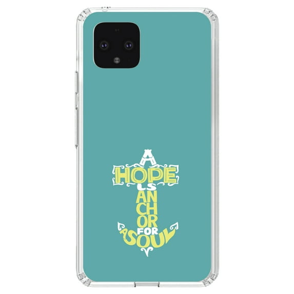 DistinctInk Clear Shockproof Hybrid Case for Google Pixel 4 (5.7" Screen) - TPU Bumper, Acrylic Back, Tempered Glass Screen Protector - Hope is an Anchor for a Sould - Yellow Teal