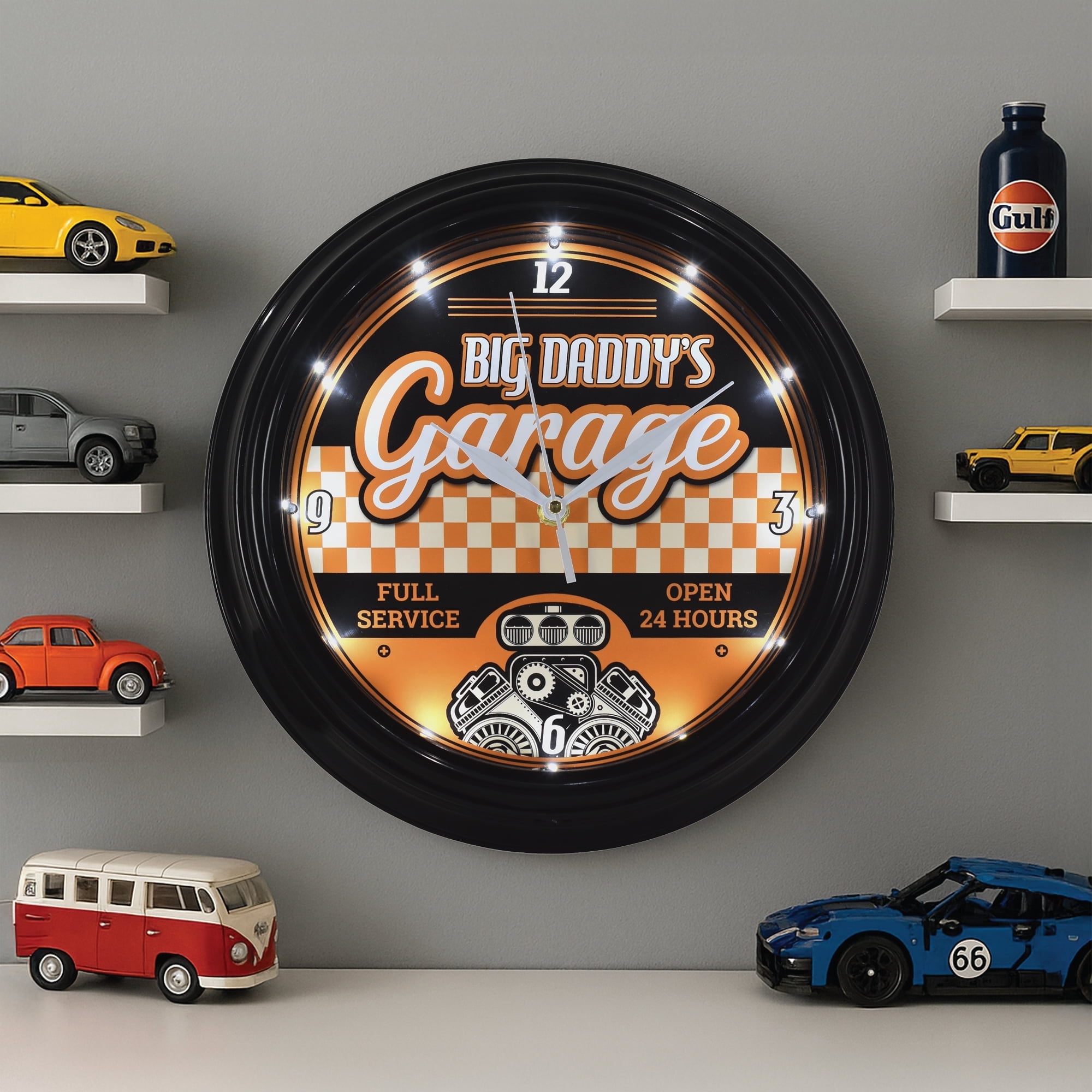 American Art Decor Big Daddy’s Garage LED Clock - 12 Vintage Wall Clock, Battery Operated, Retro Automotive Decor for Garage, Man Cave, Living Room & Office (Orange/White/Black)