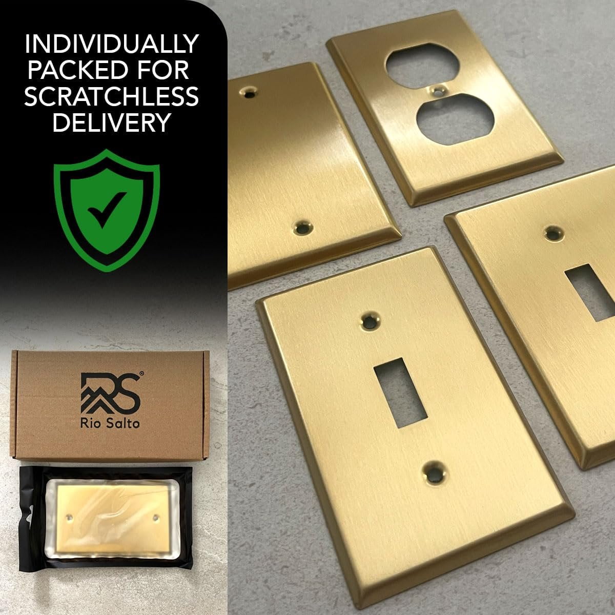 Rio Salto Metal Gold Outlet Cover or Light Switch Cover Wall Plate, 10-Pack STANDARD SIZE, 2-Gang Corrosion Resistant Single Duplex Receptacle Wallplate Covers Brushed Brass Rocker Outlet