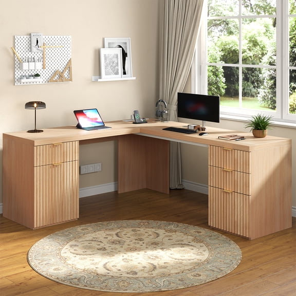 69-Inch Modern L Shaped Executive Desk with Charging Station & File Drawer, Large Home Office Corner Desk with Storage Drawers and Cabinet, Fluted Wood Computer Desk Writing Desk, Natural Oak Finish