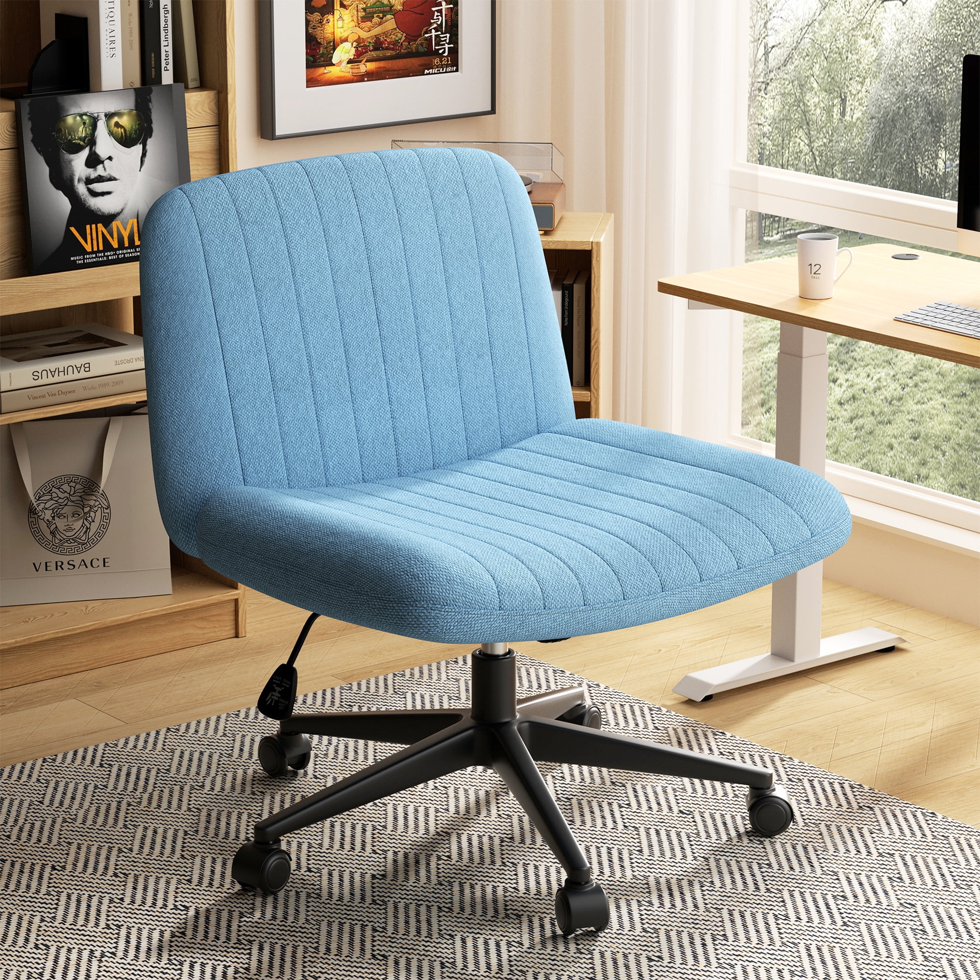 Walsunny Armless Criss Cross Home Office Chair, Fabric Vanity Desk Chair with Wheels, Wide Seat Swivel Task Computer Chair, Blue